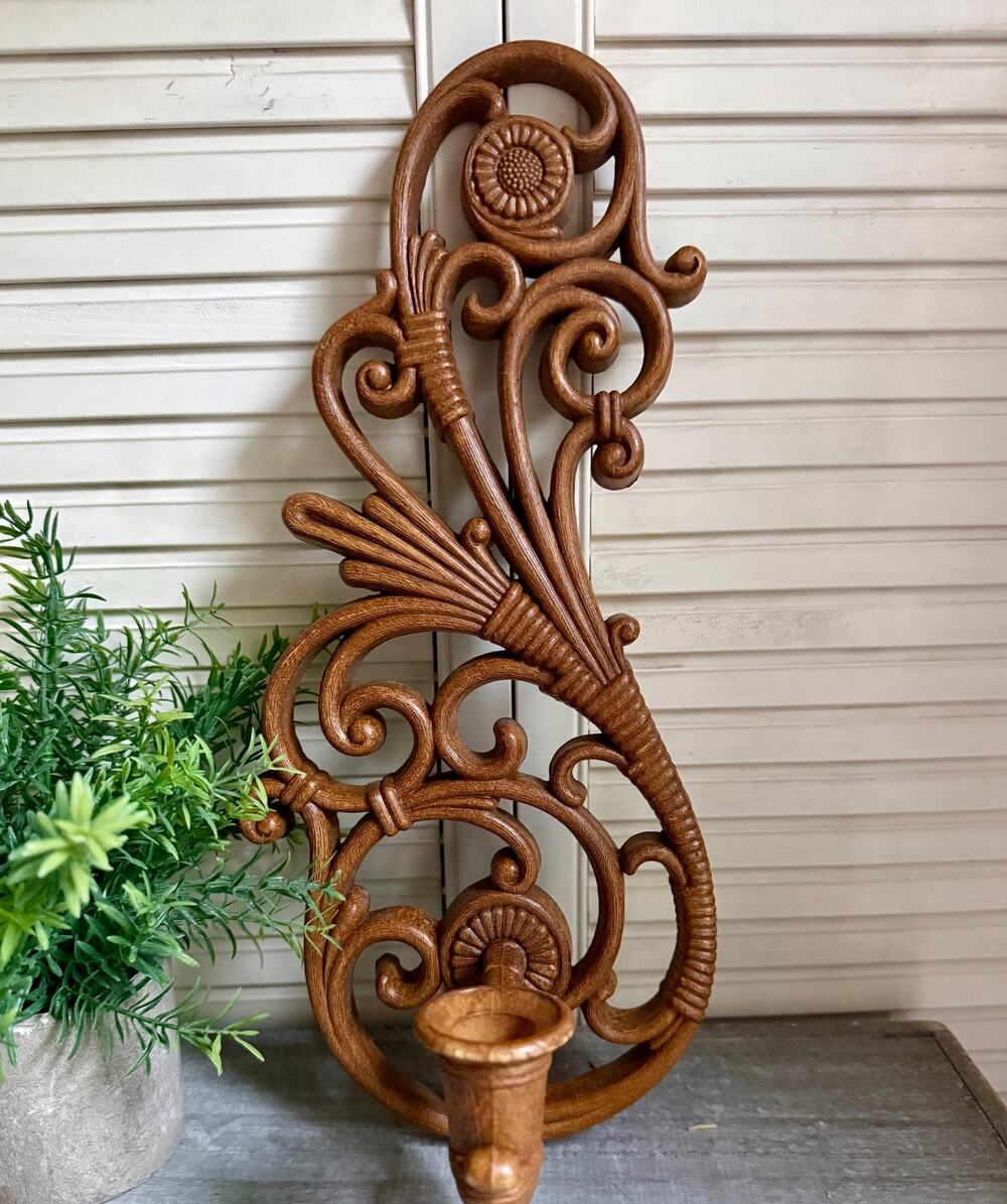 Vintage 1978 Homco Wall Sconce #3317 | Faux Wicker Candle Holder | Syroco Style